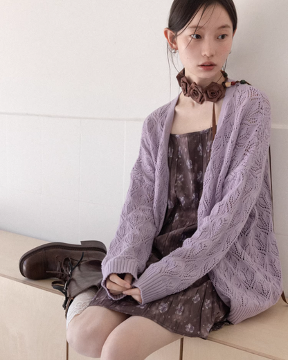 Purple Knit Cardigan & Flower Pattern Camisole Dress CA0016