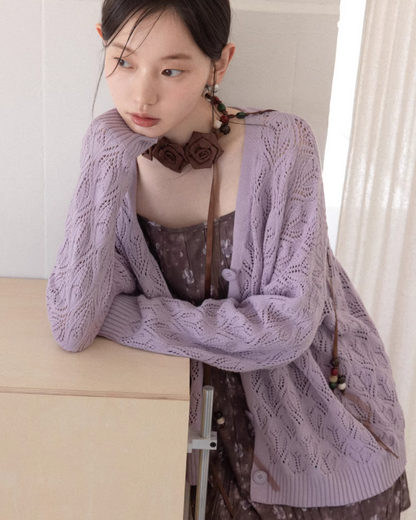 Purple Knit Cardigan & Flower Pattern Camisole Dress CA0016