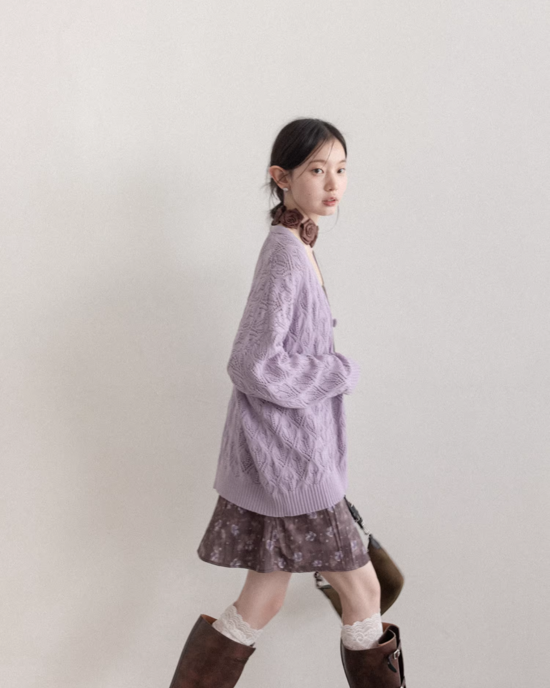 Purple Knit Cardigan & Flower Pattern Camisole Dress CA0016