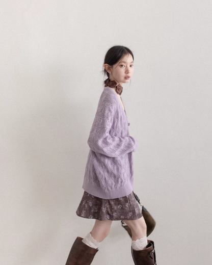 Purple Knit Cardigan & Flower Pattern Camisole Dress CA0016