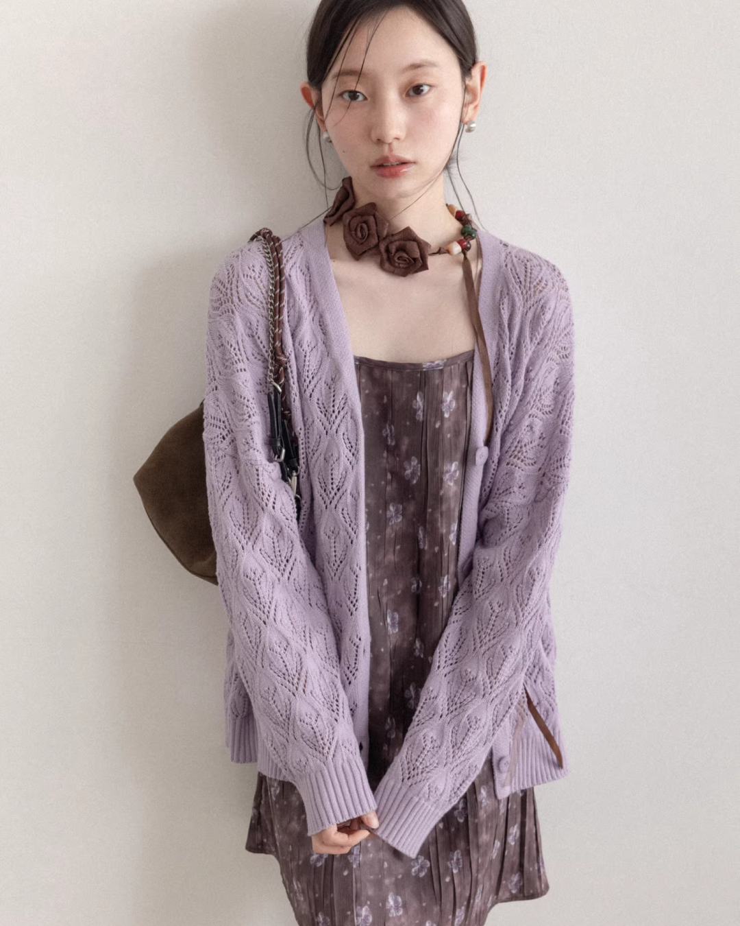 Purple Knit Cardigan & Flower Pattern Camisole Dress CA0016