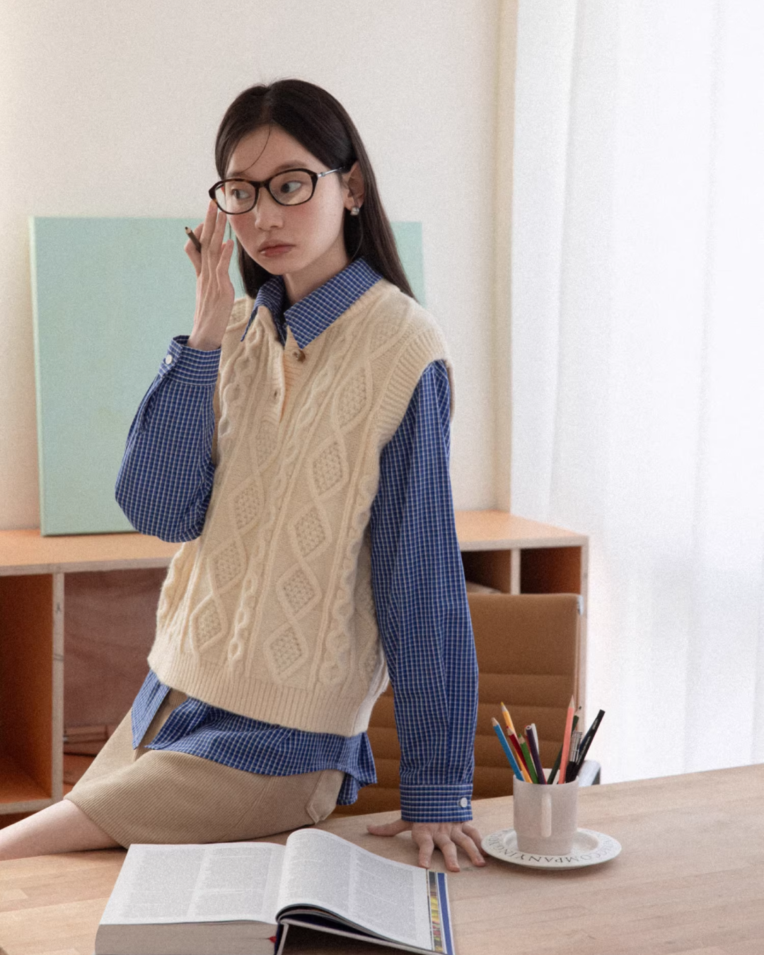 Blue Check Shirt  & Cable Knit Vest CA0017