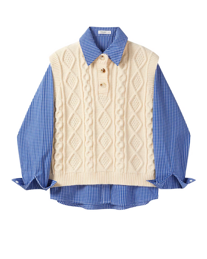 Blue Check Shirt  & Cable Knit Vest CA0017