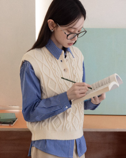 Blue Check Shirt  & Cable Knit Vest CA0017