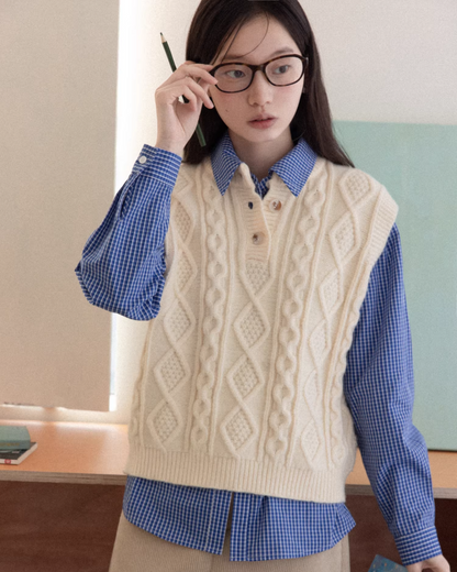 Blue Check Shirt  & Cable Knit Vest CA0017