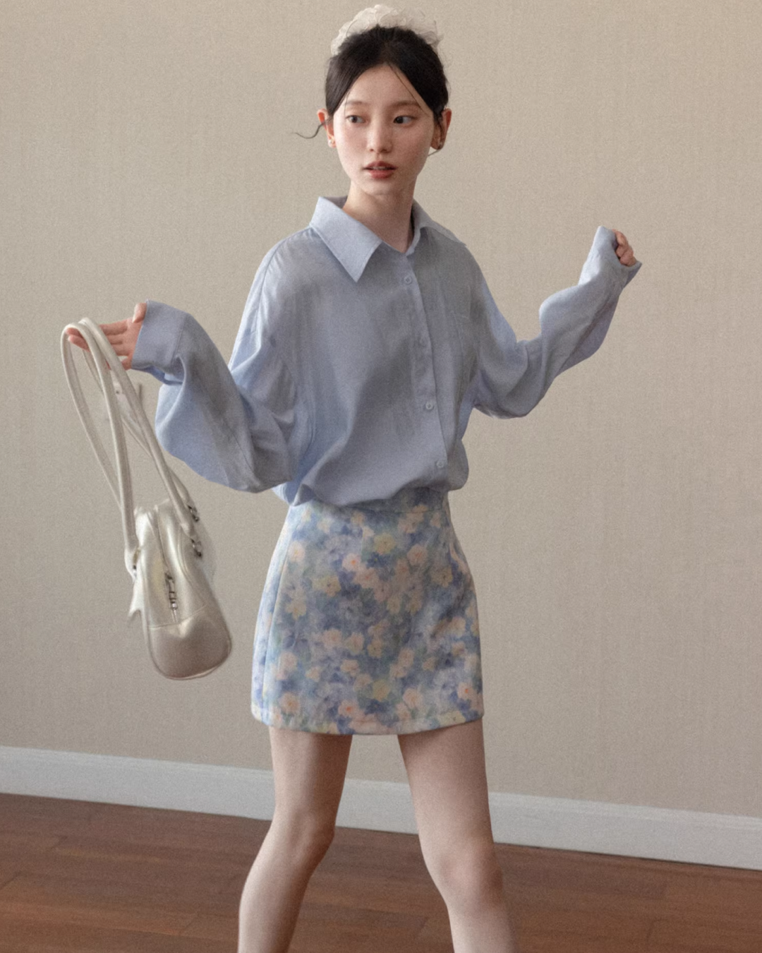 Blue Shirt  & Flower Pattern Skirt  CA0020