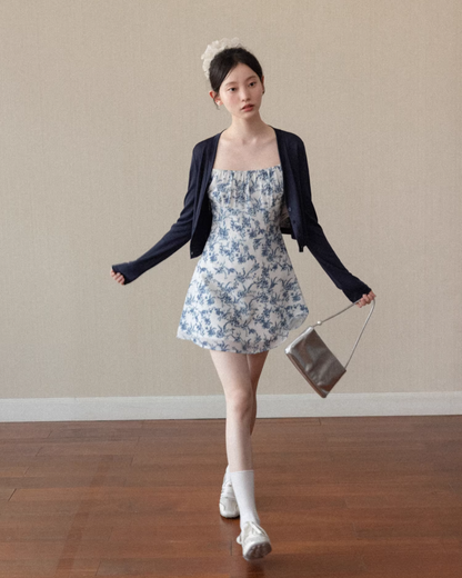 Navy Knit Cardigan & Flower Pattern Camisoal Dress CA0021