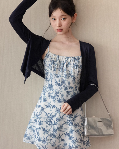 Navy Knit Cardigan & Flower Pattern Camisoal Dress CA0021