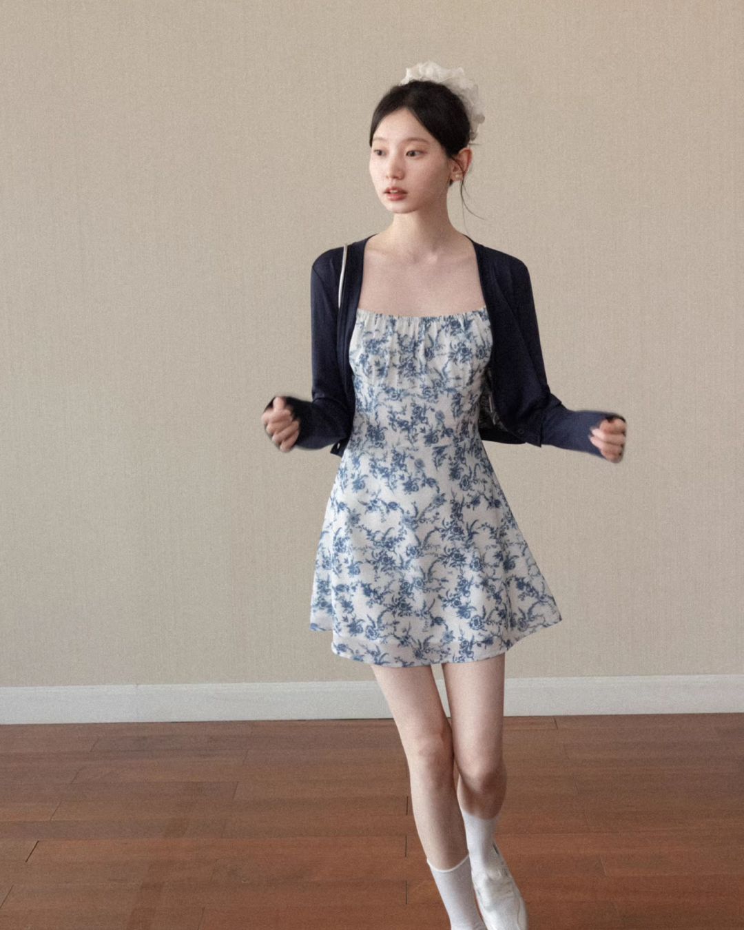 Navy Knit Cardigan & Flower Pattern Camisoal Dress CA0021