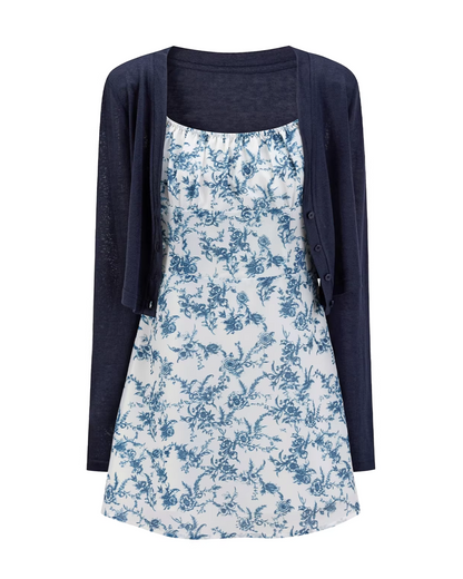 Navy Knit Cardigan & Flower Pattern Camisoal Dress CA0021