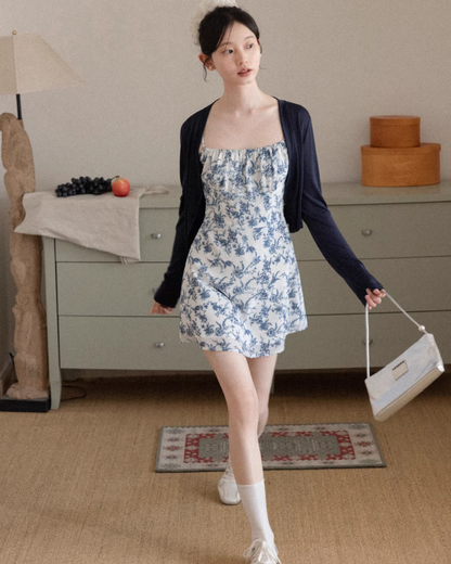 Navy Knit Cardigan & Flower Pattern Camisoal Dress CA0021