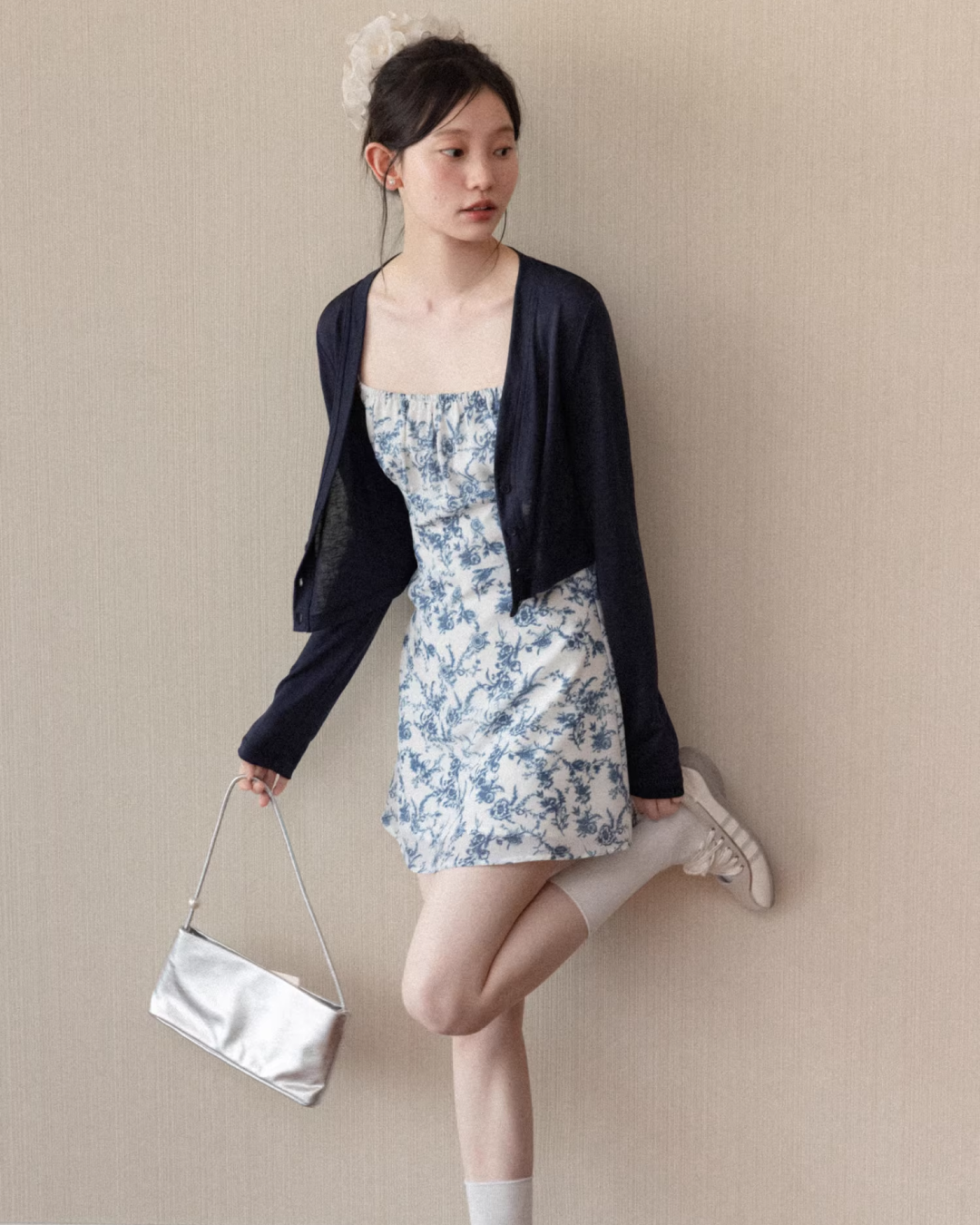 Navy Knit Cardigan & Flower Pattern Camisoal Dress CA0021