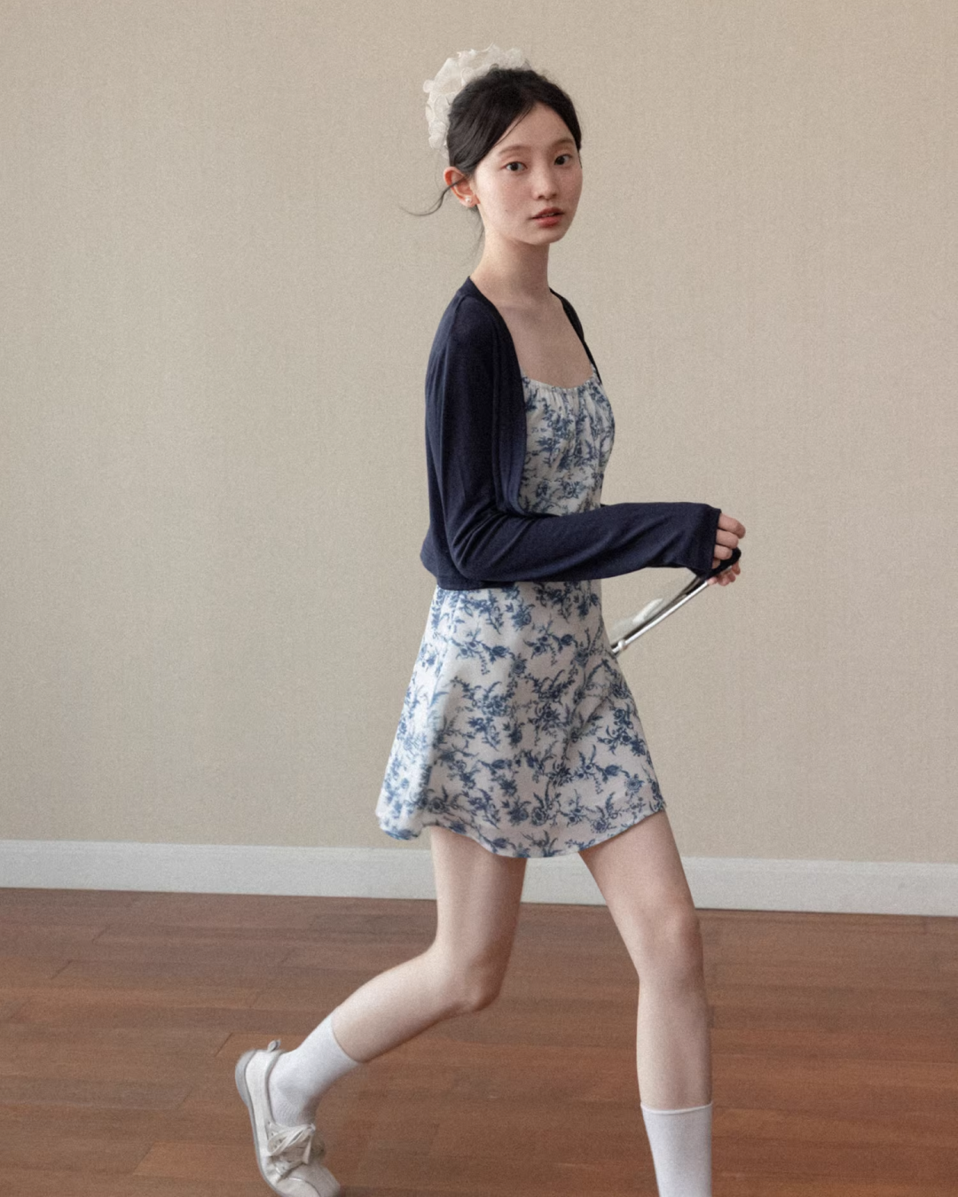 Navy Knit Cardigan & Flower Pattern Camisoal Dress CA0021