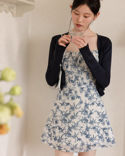 Navy Knit Cardigan & Flower Pattern Camisoal Dress CA0021