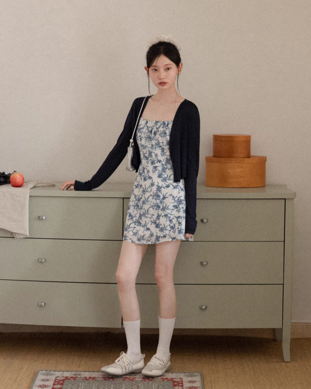 Navy Knit Cardigan & Flower Pattern Camisoal Dress CA0021
