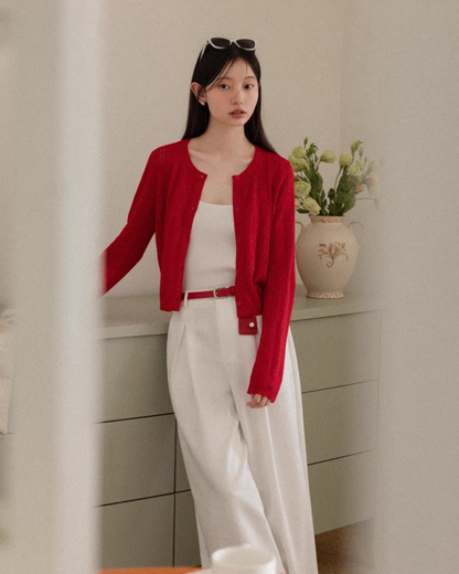 Red Knit Cardigan & White Wide Pants CA0022