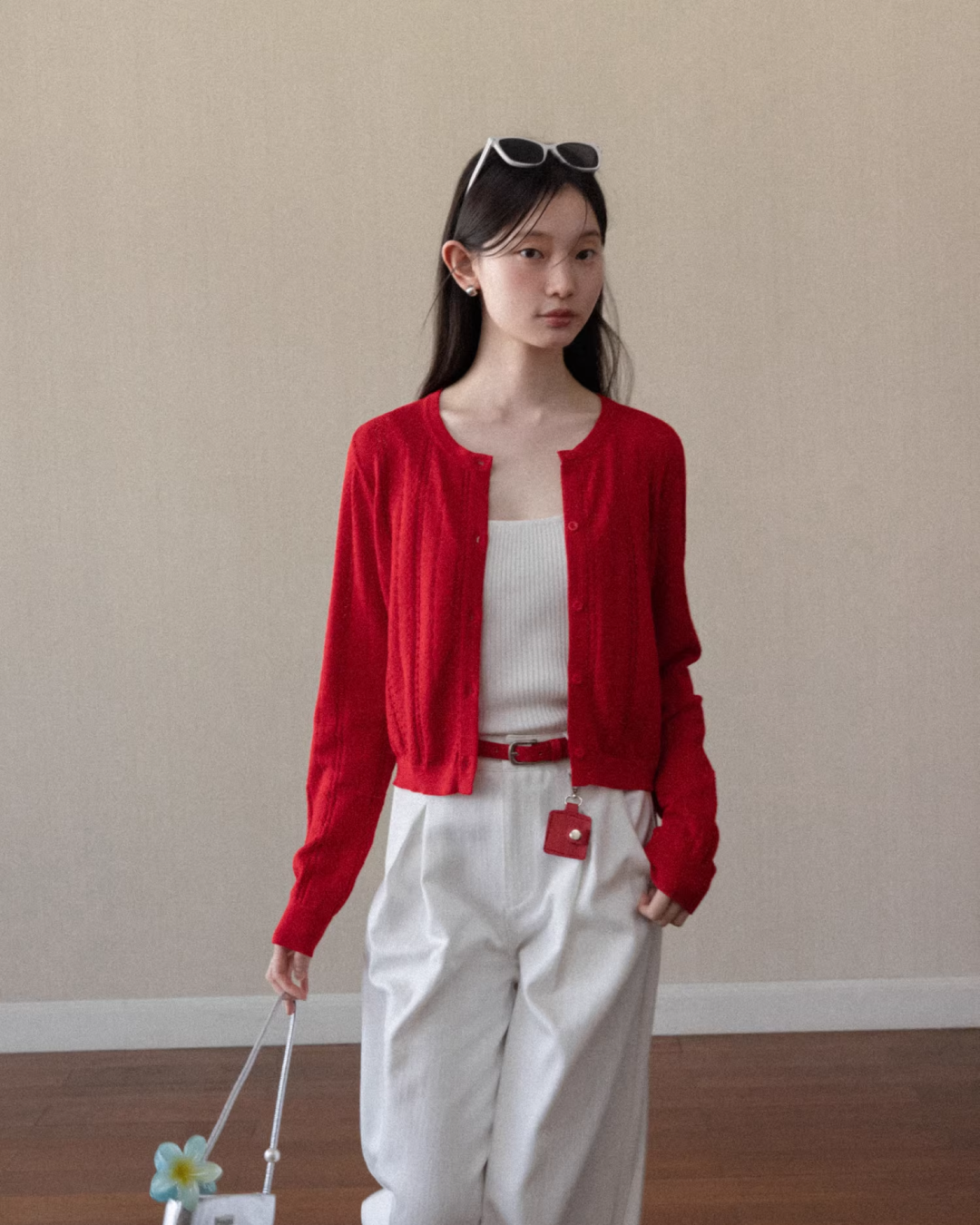 Red Knit Cardigan & White Wide Pants CA0022