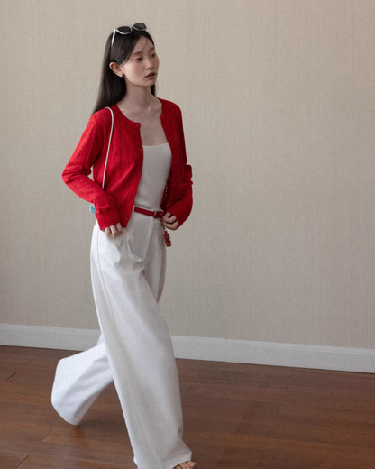 Red Knit Cardigan & White Wide Pants CA0022