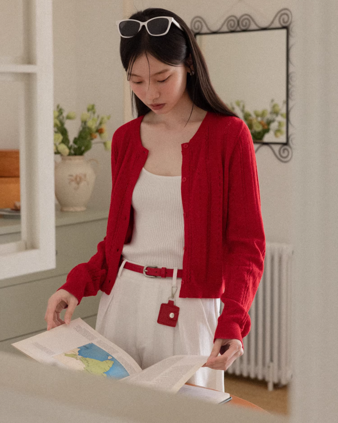 Red Knit Cardigan & White Wide Pants CA0022