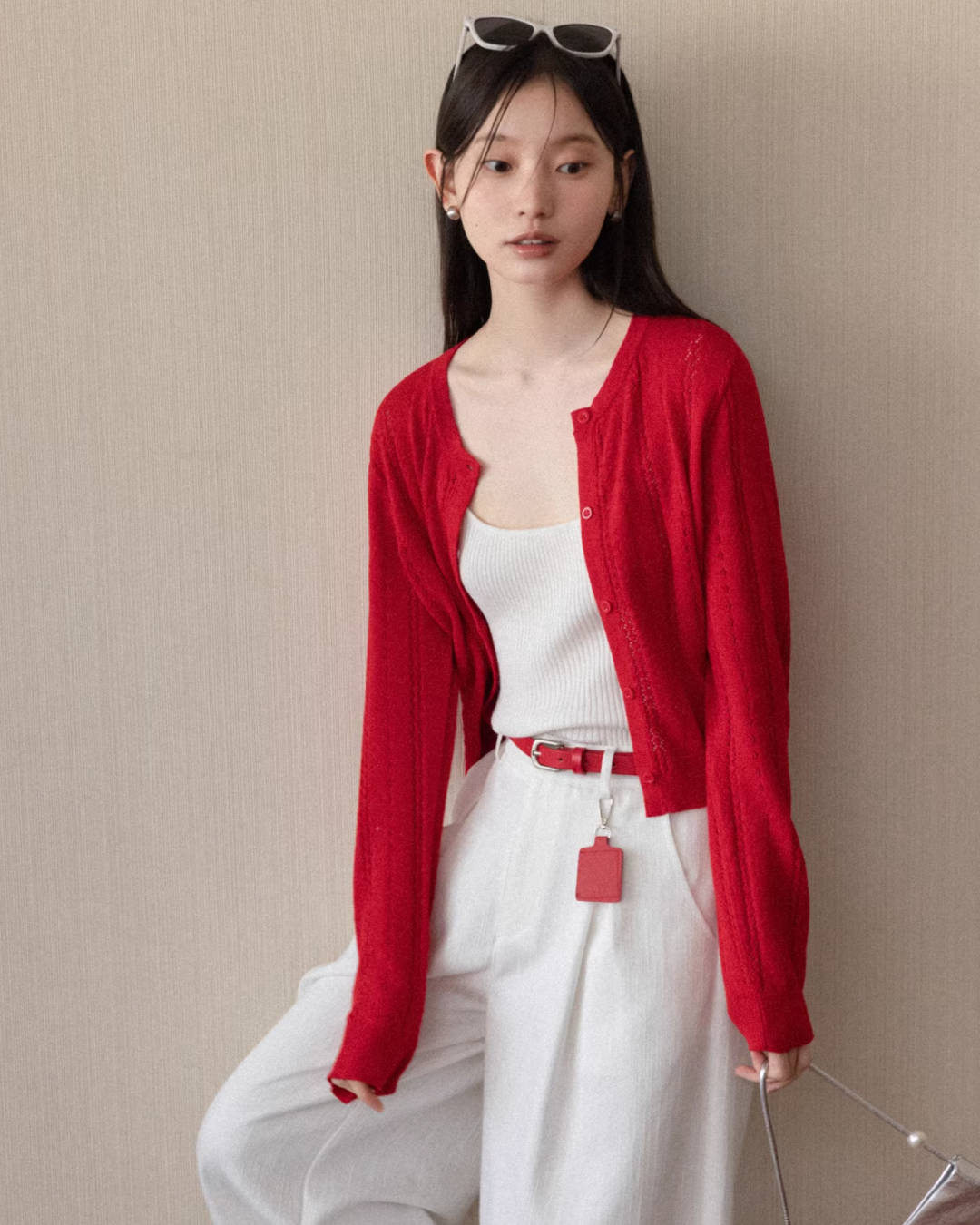 Red Knit Cardigan & White Wide Pants CA0022