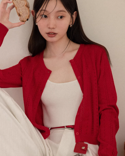 Red Knit Cardigan & White Wide Pants CA0022
