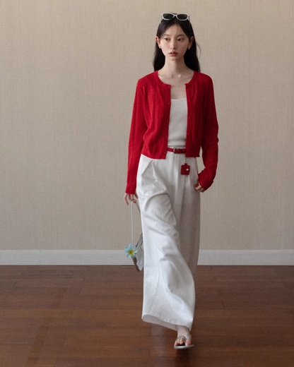 Red Knit Cardigan & White Wide Pants CA0022