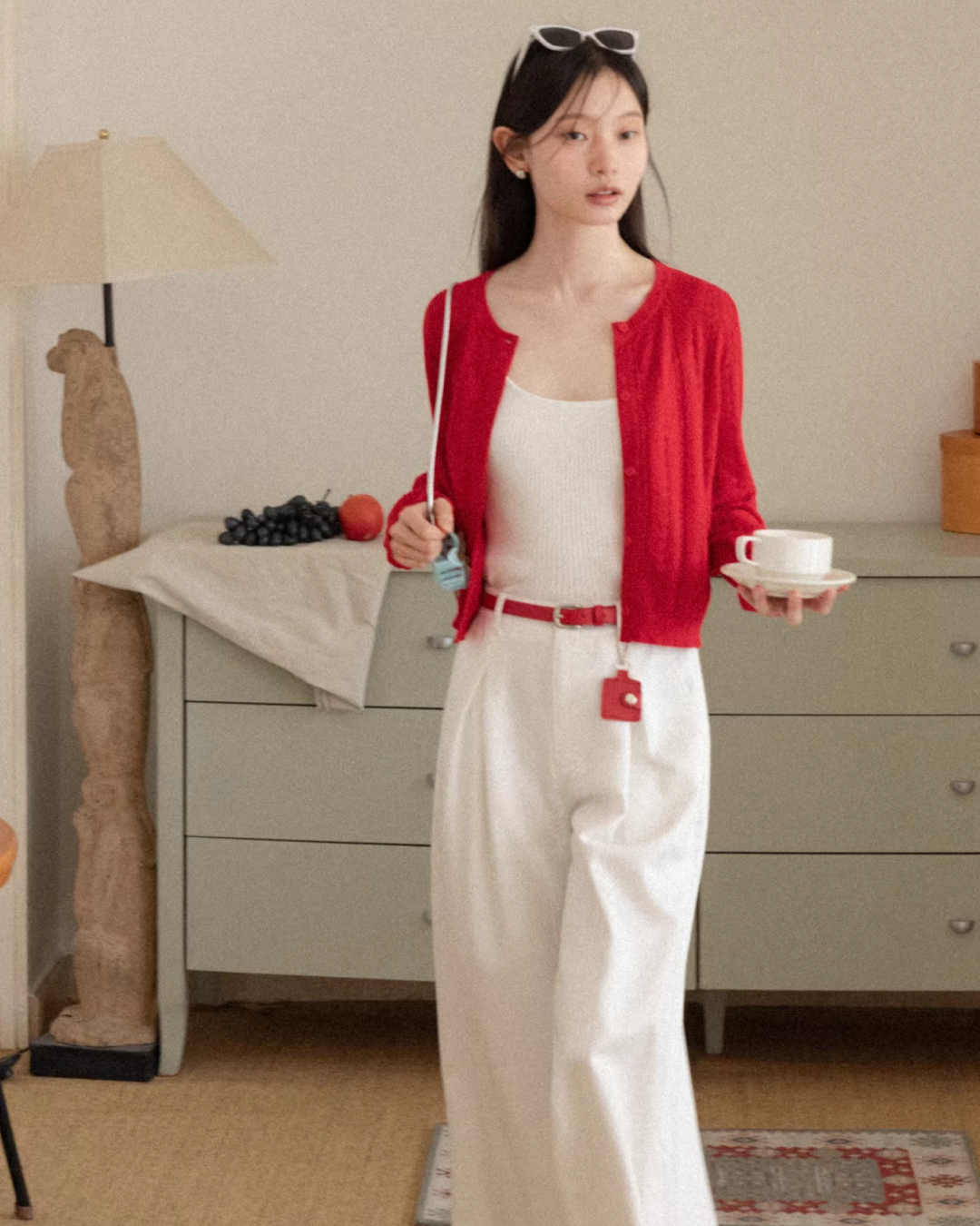 Red Knit Cardigan & White Wide Pants CA0022