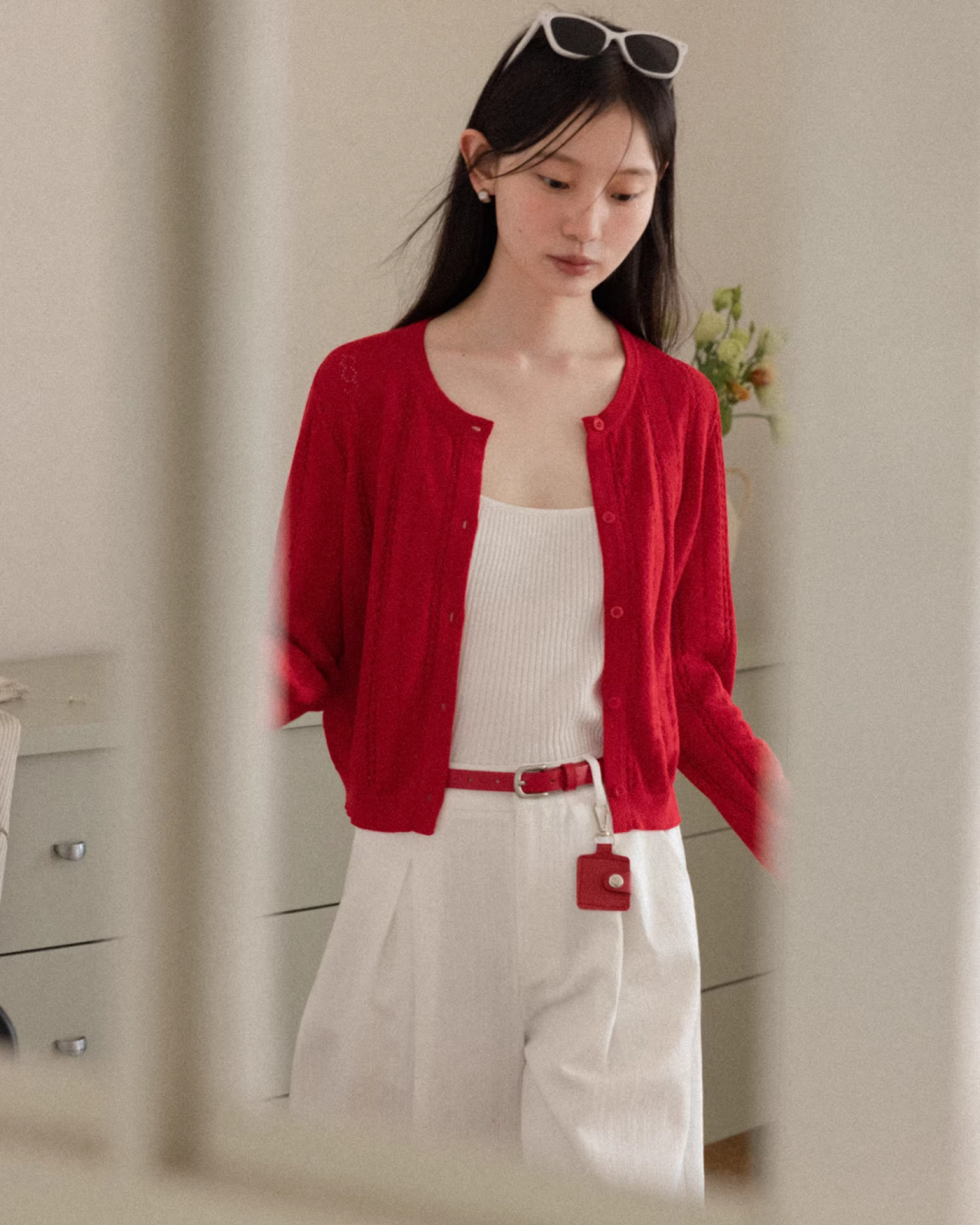 Red Knit Cardigan & White Wide Pants CA0022