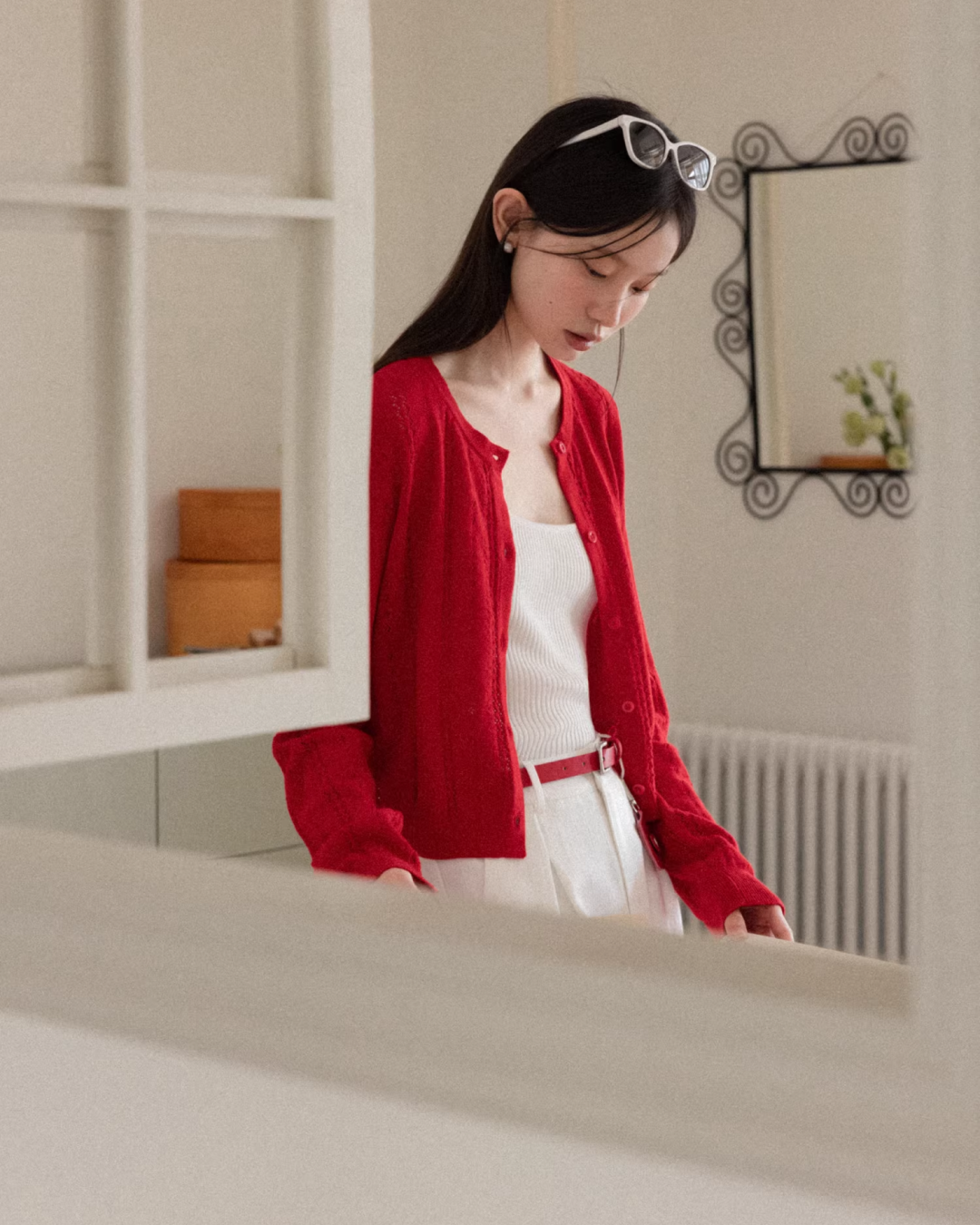 Red Knit Cardigan & White Wide Pants CA0022