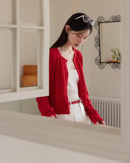 Red Knit Cardigan & White Wide Pants CA0022