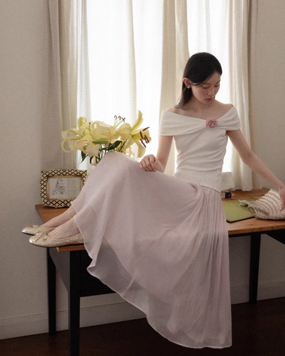 Off-shoulder Ribbon Design Cloth & Pink Long Skirt CA0023