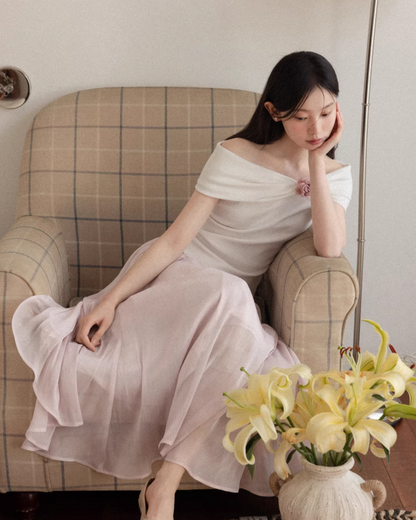 Off-shoulder Ribbon Design Cloth & Pink Long Skirt CA0023