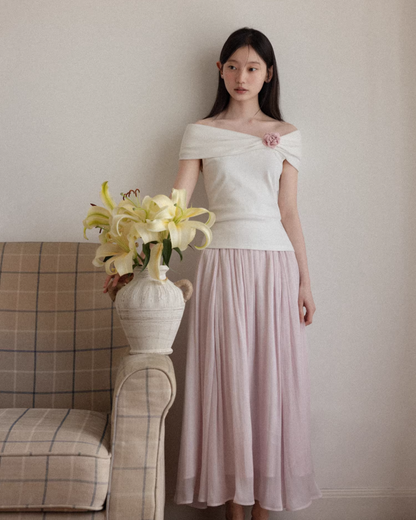 Off-shoulder Ribbon Design Cloth & Pink Long Skirt CA0023