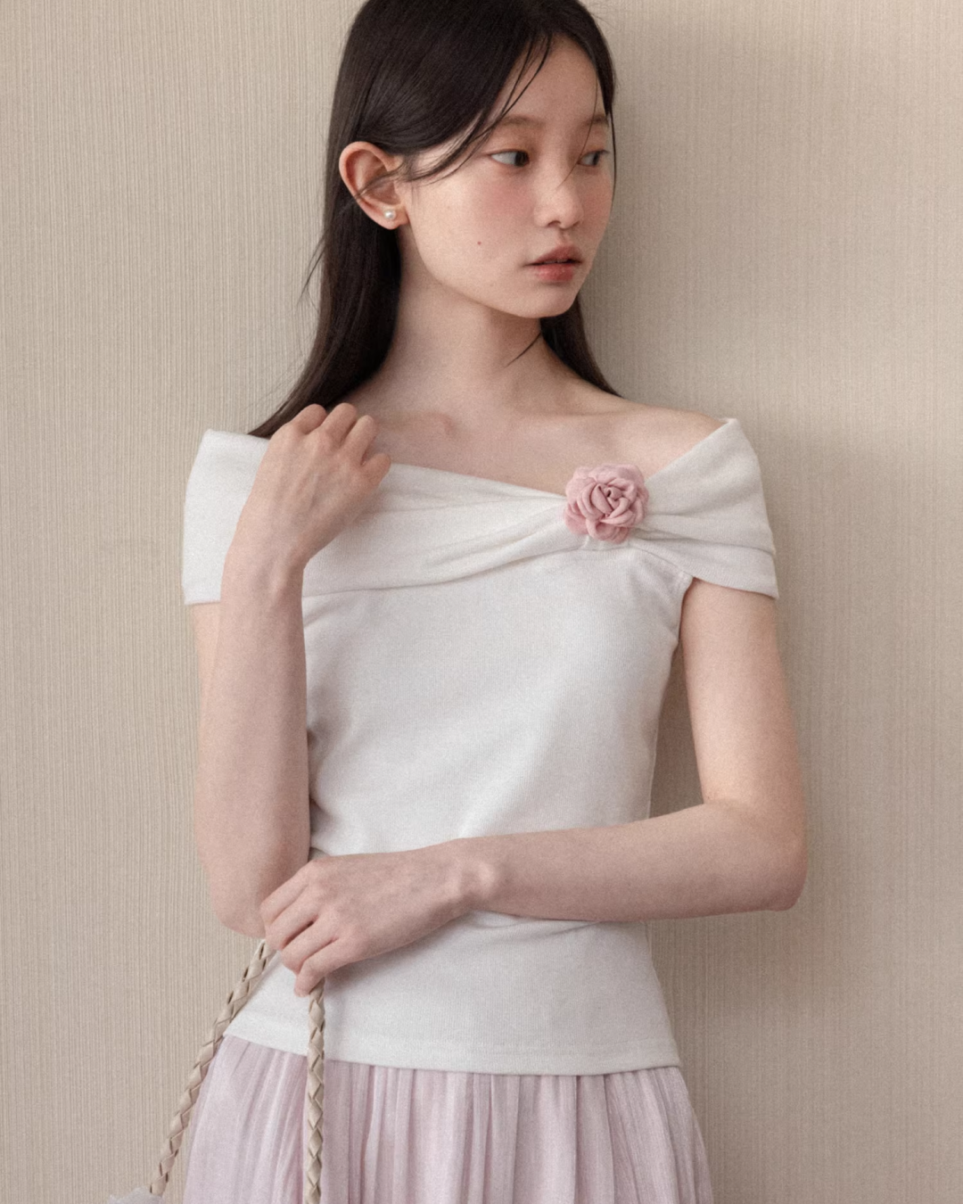 Off-shoulder Ribbon Design Cloth & Pink Long Skirt CA0023