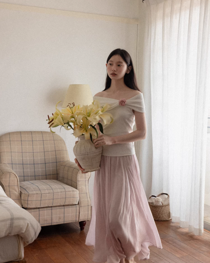 Off-shoulder Ribbon Design Cloth & Pink Long Skirt CA0023