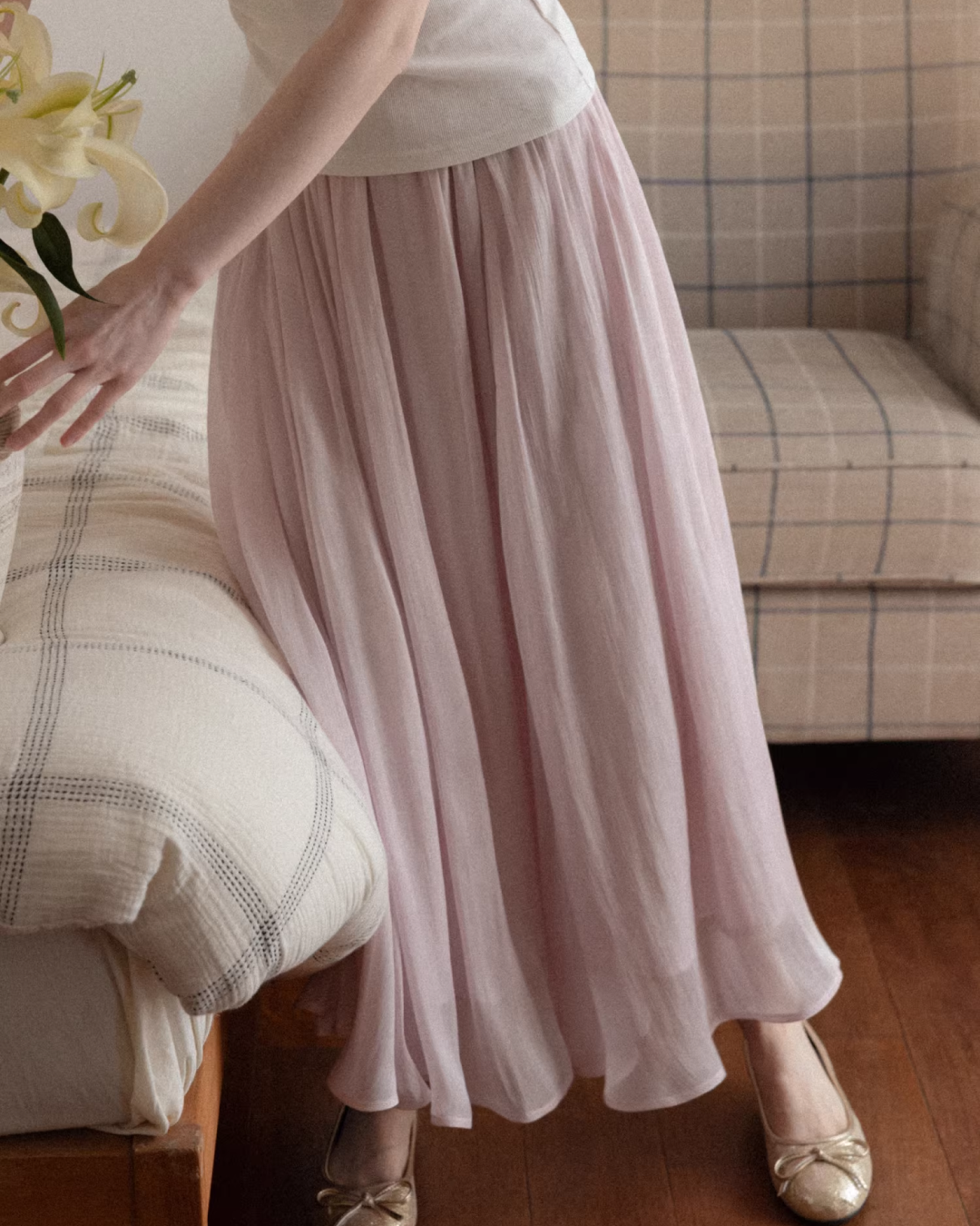 Off-shoulder Ribbon Design Cloth & Pink Long Skirt CA0023