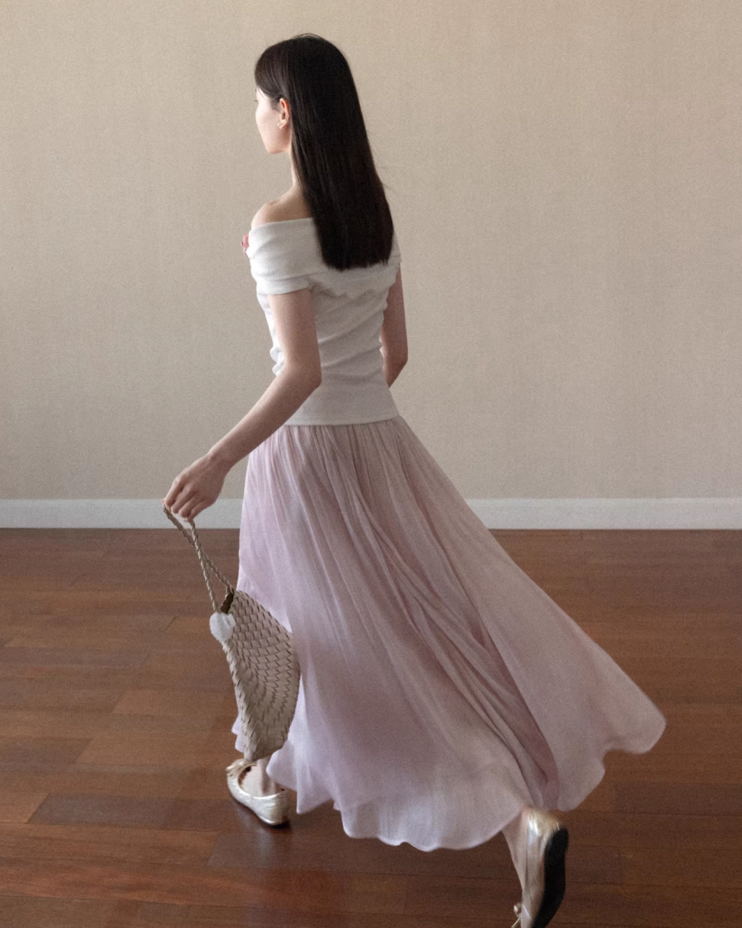 Off-shoulder Ribbon Design Cloth & Pink Long Skirt CA0023