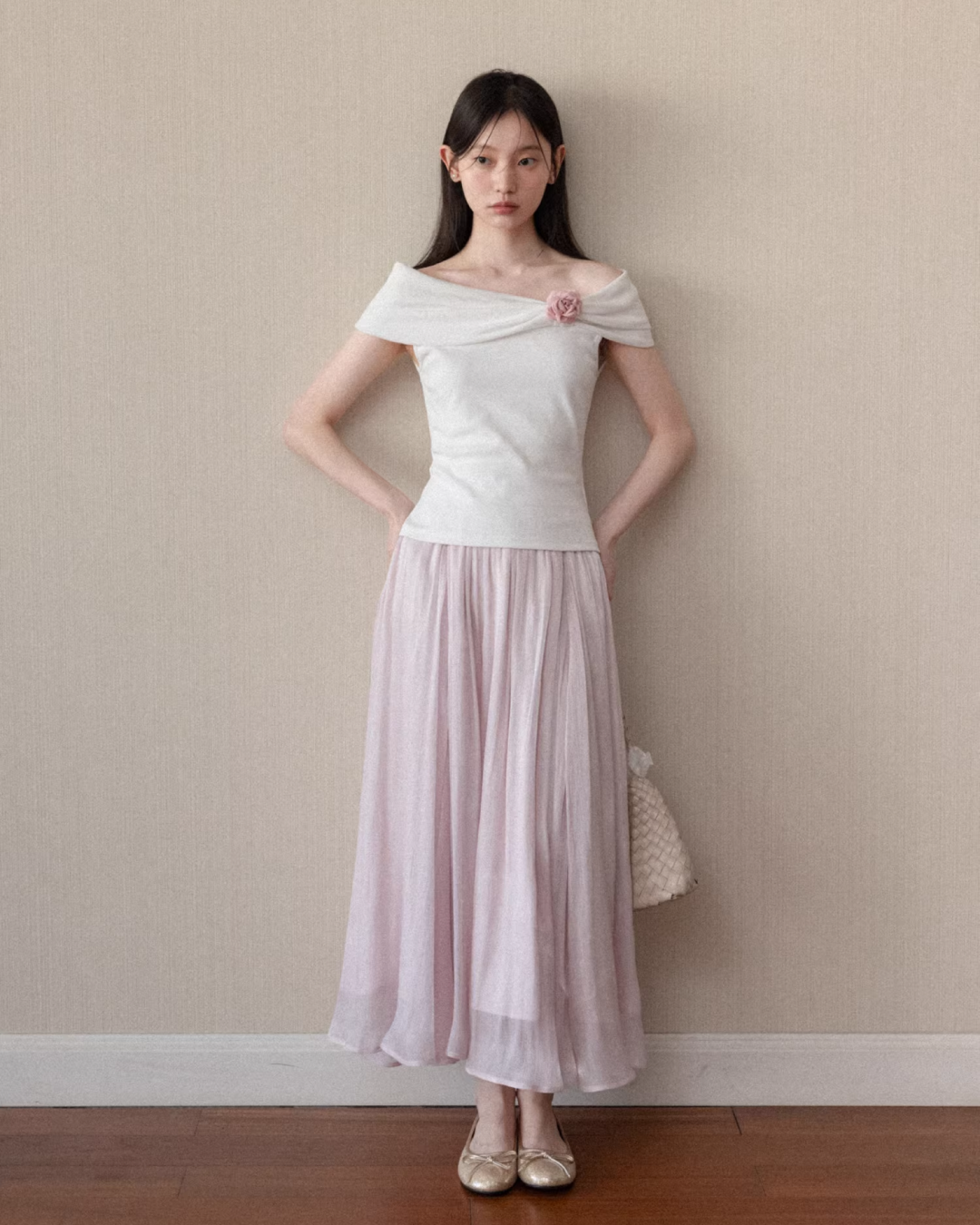 Off-shoulder Ribbon Design Cloth & Pink Long Skirt CA0023
