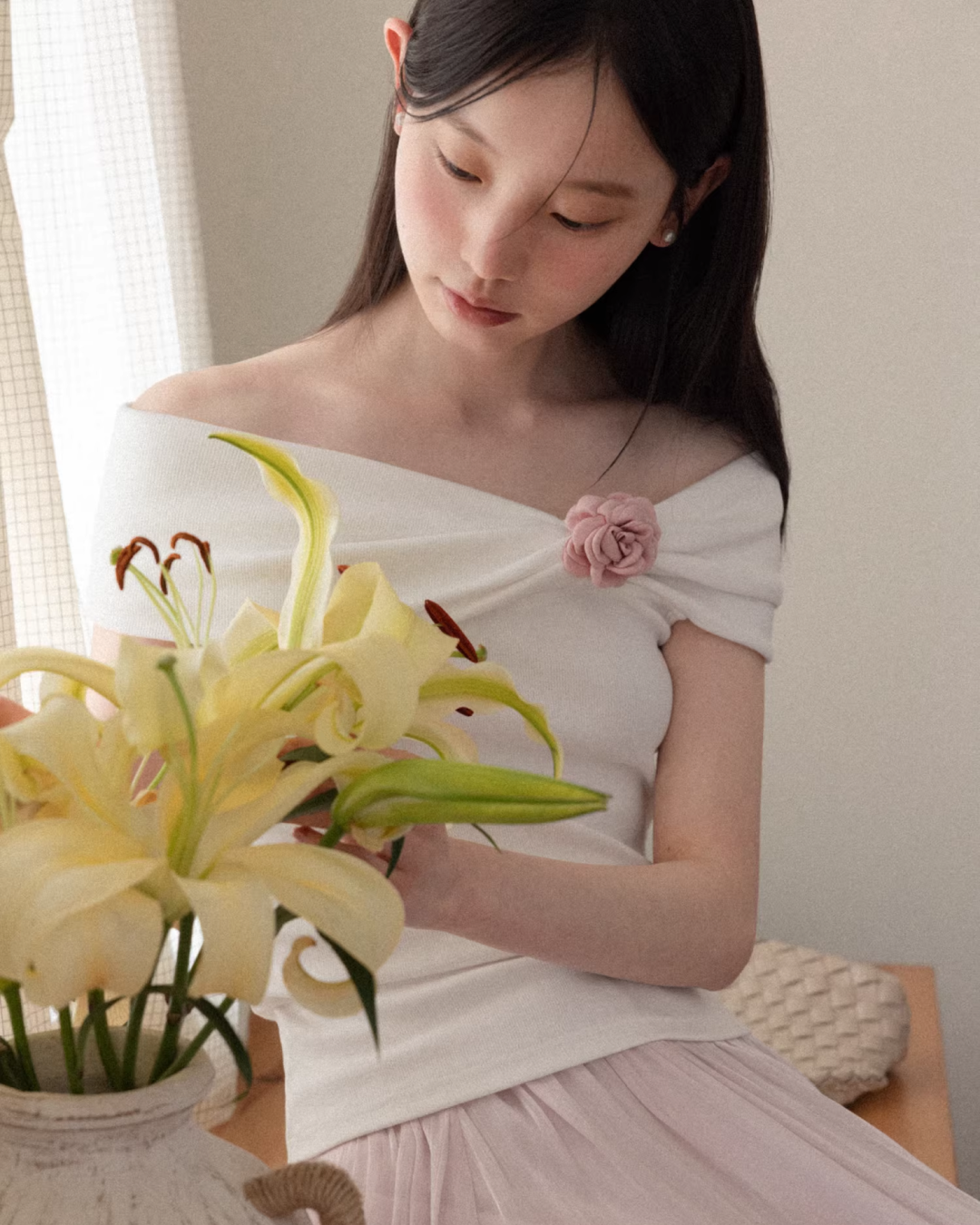 Off-shoulder Ribbon Design Cloth & Pink Long Skirt CA0023