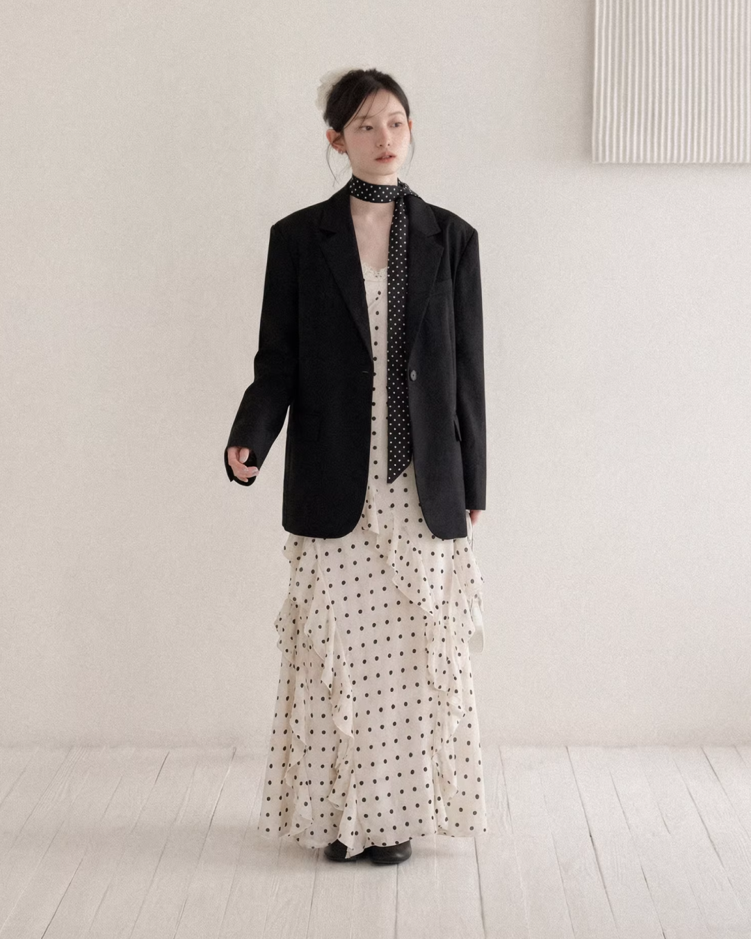 Black Jacket & Polka Dots Scarf & Polka Dots Camisoal Dress  CA0024