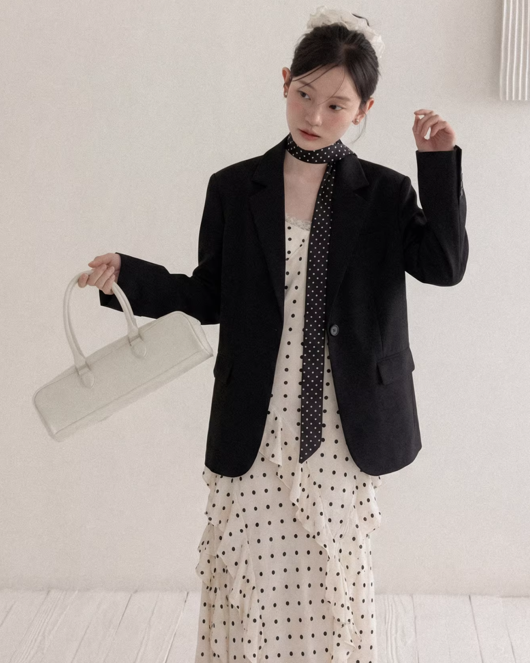 Black Jacket & Polka Dots Scarf & Polka Dots Camisoal Dress  CA0024