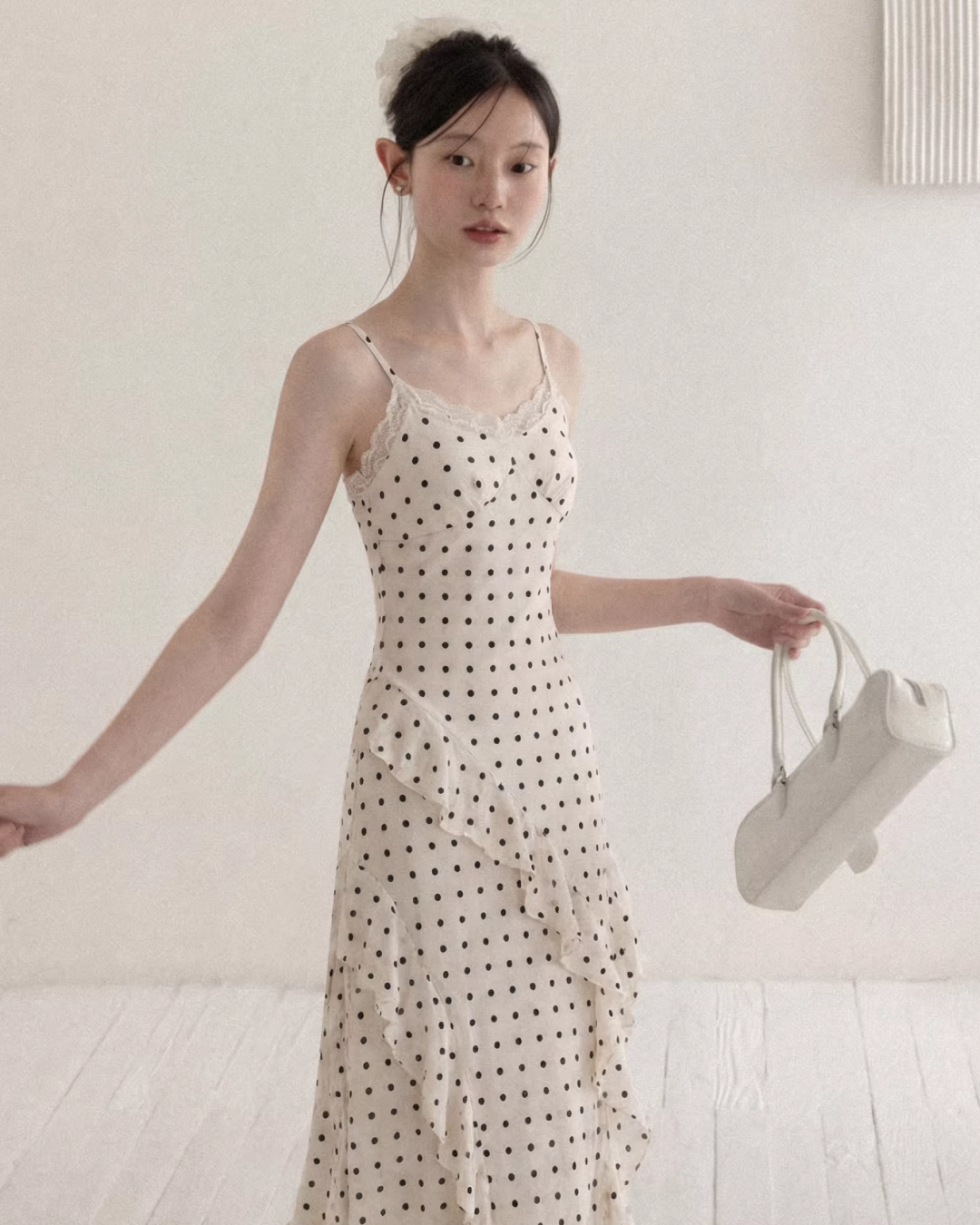 Black Jacket & Polka Dots Scarf & Polka Dots Camisoal Dress  CA0024