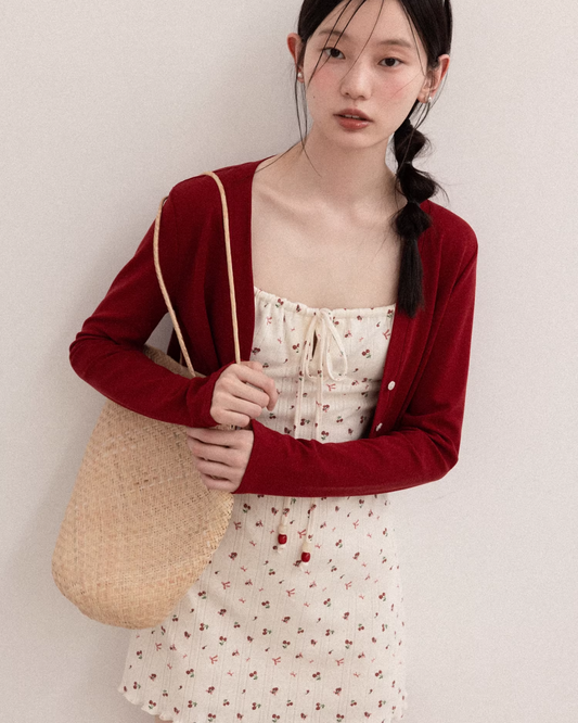 Red Short Cardigan & Flower Pattern Camisoal CA0026