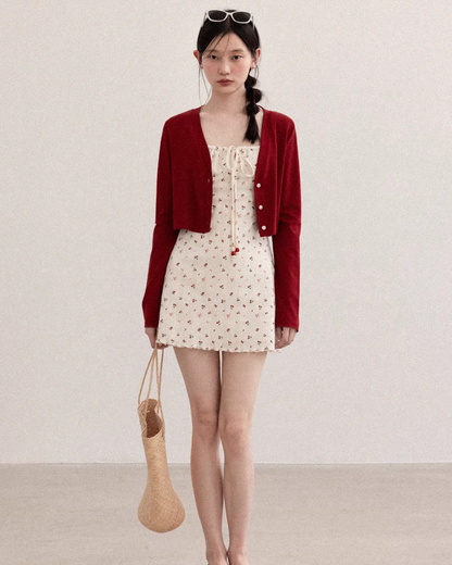 Red Short Cardigan & Flower Pattern Camisoal CA0026