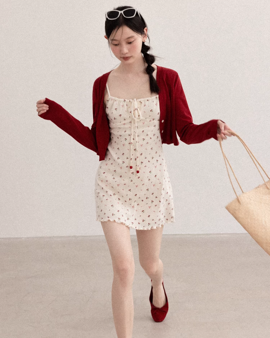 Red Short Cardigan & Flower Pattern Camisoal CA0026