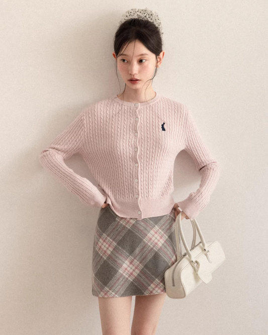 Pink Cable Knit Cardigan & Bias Check Skirt CA0028