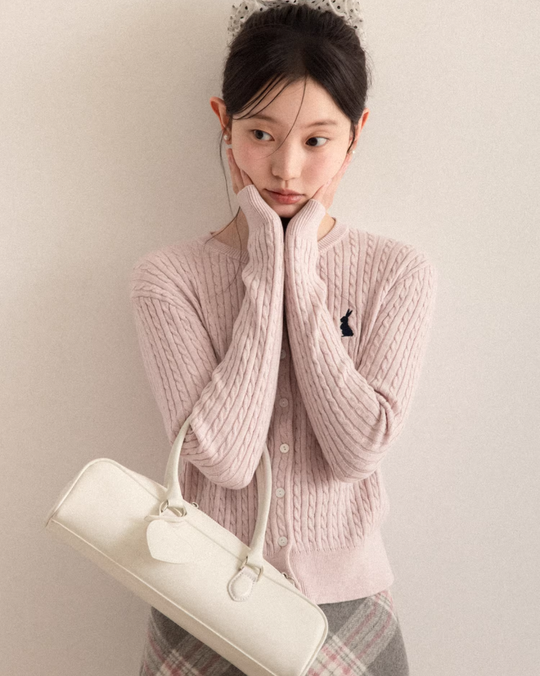 Pink Cable Knit Cardigan & Bias Check Skirt CA0028