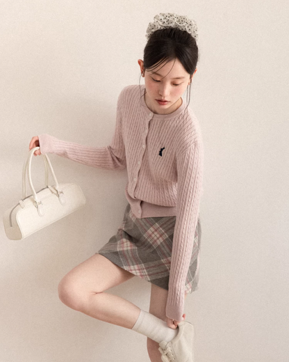 Pink Cable Knit Cardigan & Bias Check Skirt CA0028