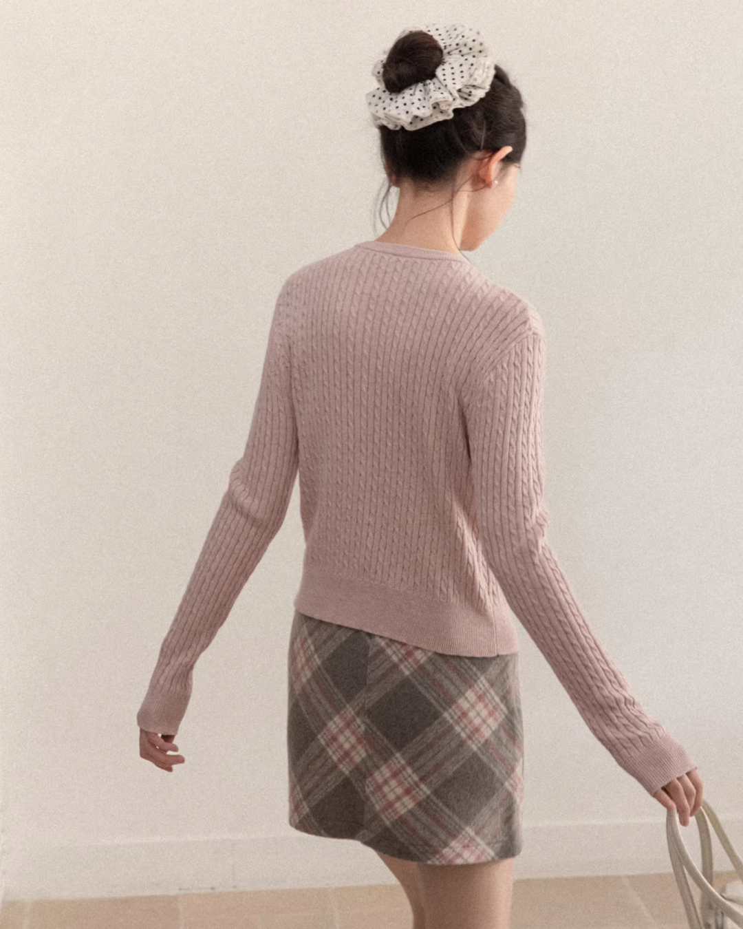 Pink Cable Knit Cardigan & Bias Check Skirt CA0028