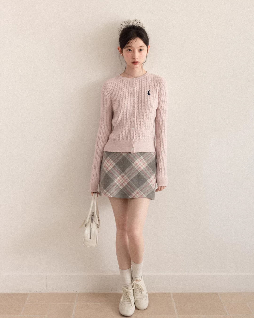 Pink Cable Knit Cardigan & Bias Check Skirt CA0028